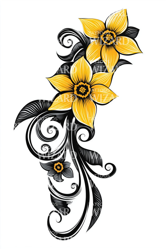 Design tatuaggio pergamena con narciso giallo