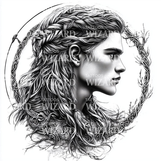 Giovane Guerriero Vichingo con Capelli Lunghi Design del Tatuaggio