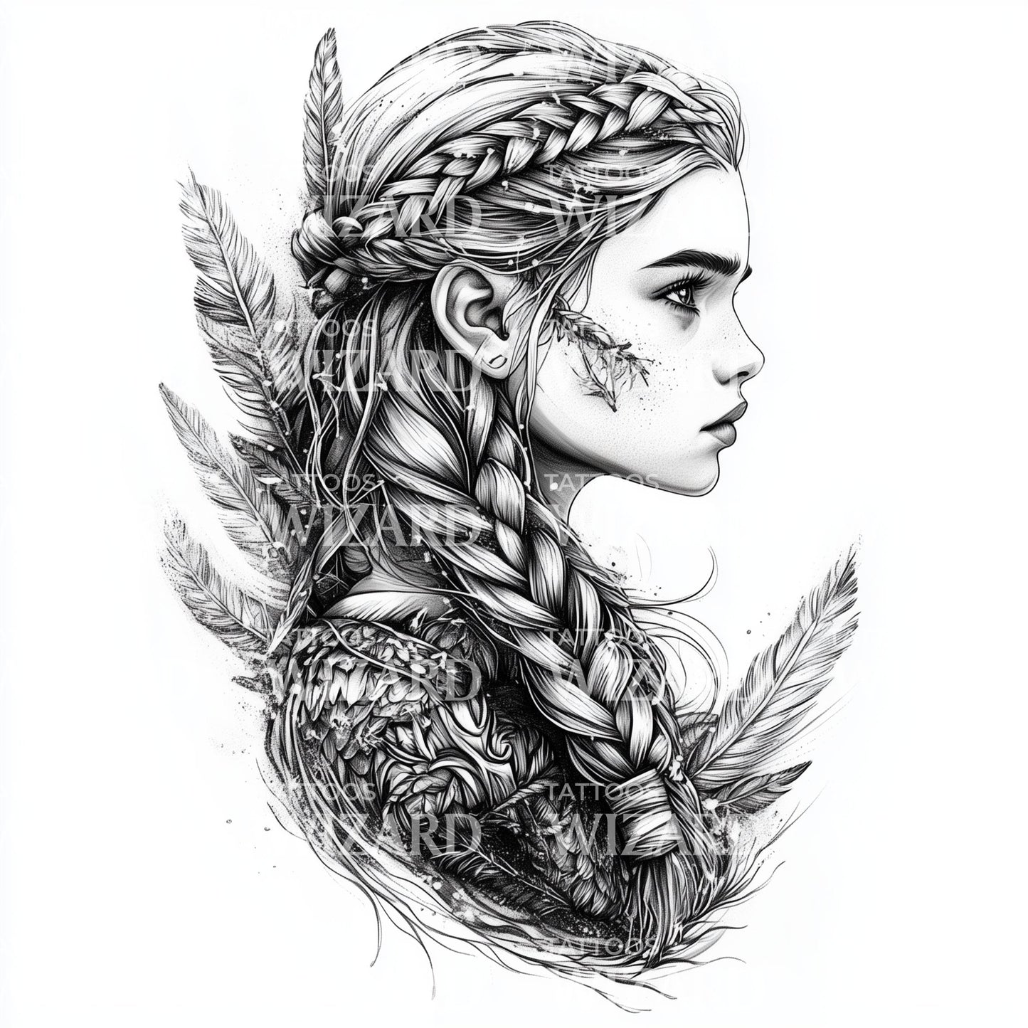 Design del Tatuaggio di una Giovane Donna Vichinga con Capelli Intrecciati
