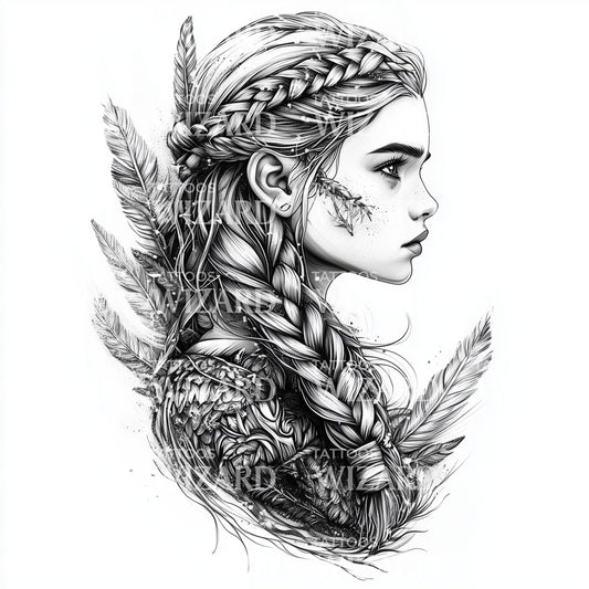 Diseño de Tatuaje de Joven Vikinga con Cabello Trenzado
