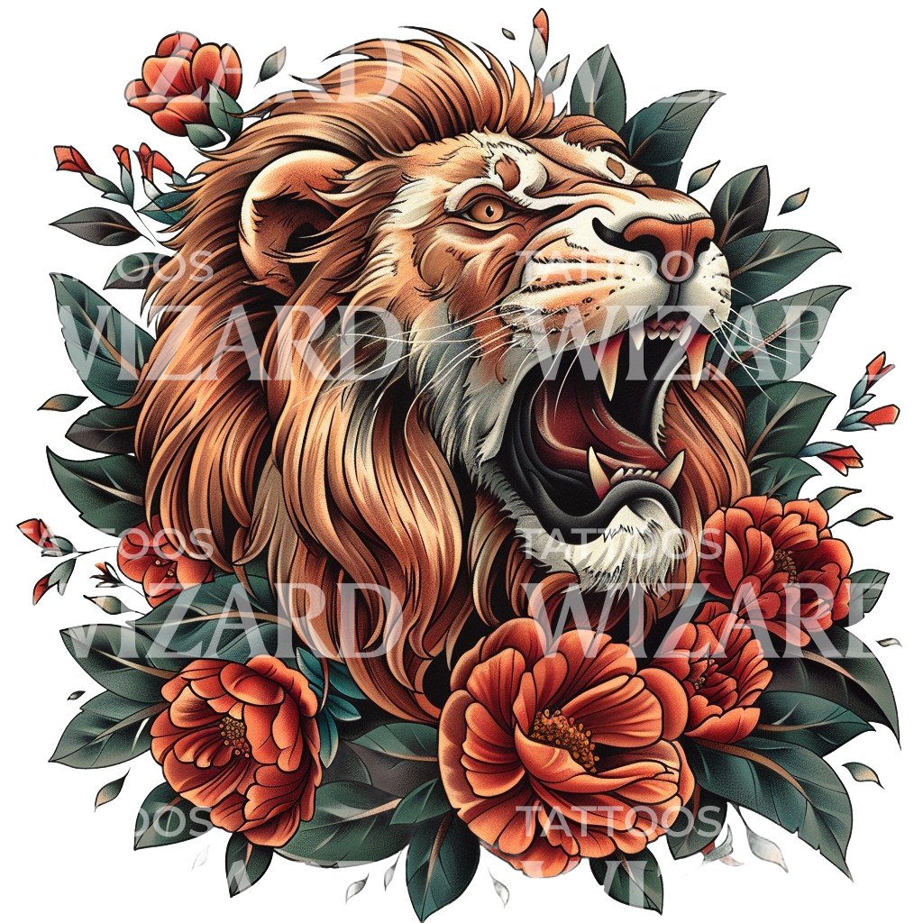 Old School Lion and Flowers Tattoo Design
