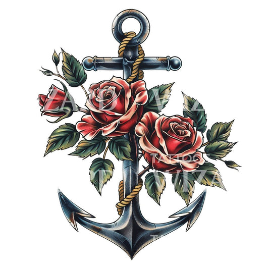 Ancre de bateau et conception de tatouage de deux roses
