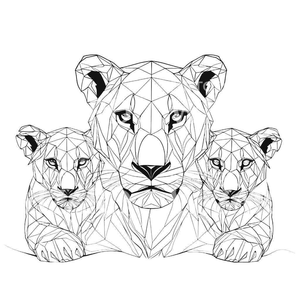 Geometrisches Tattoo mit feinen Linien und Löwin und Jungen
