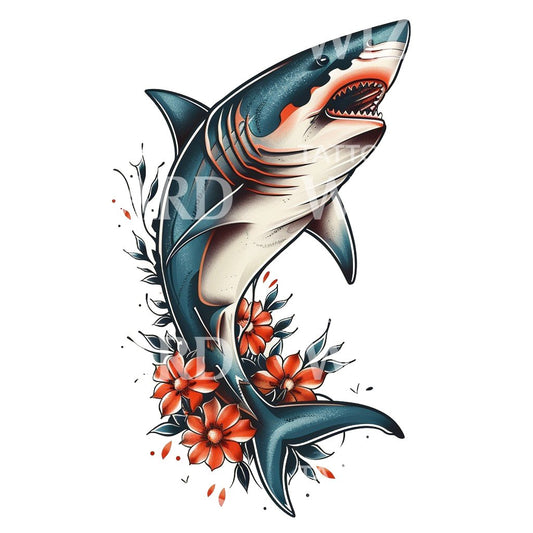 Old School Shark and Flowers Tattoo Design