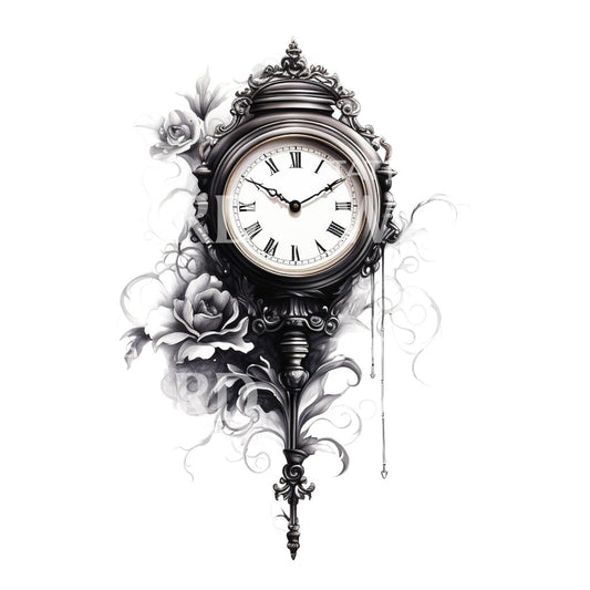 Black and Grey Fantasy Clock Tattoo Design