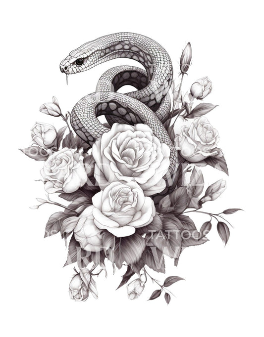 Snake with Roses Tattoo Design