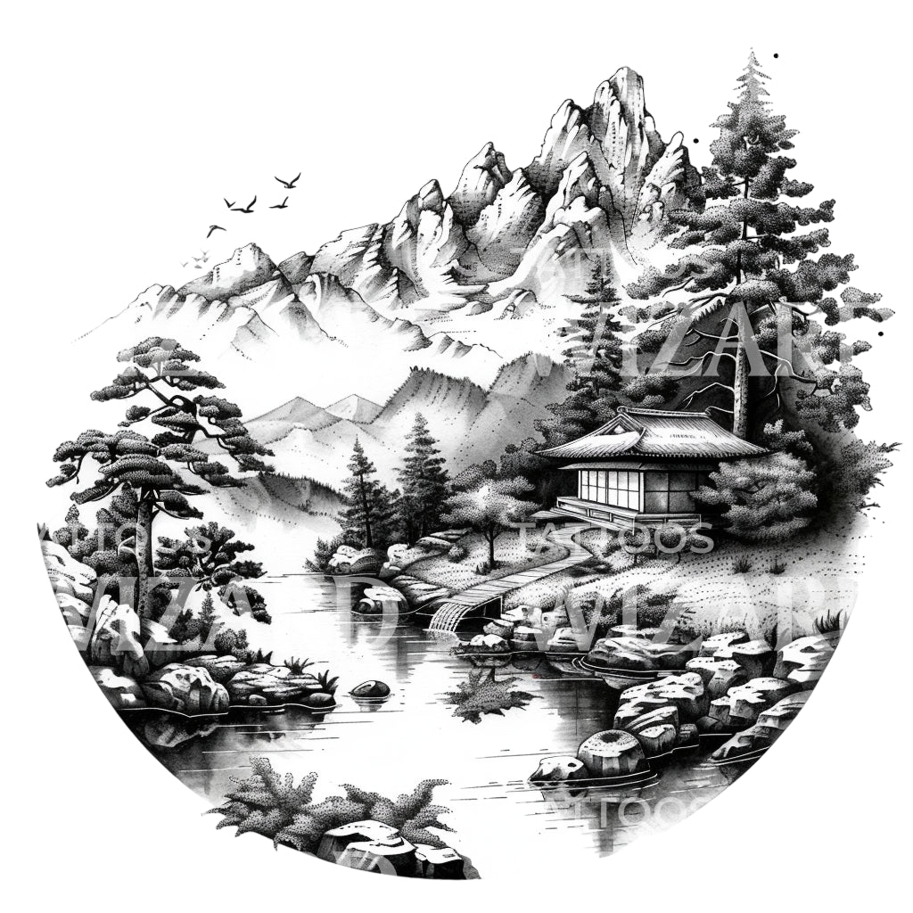 Conception de tatouage de paysage de campagne japonaise Dotwork