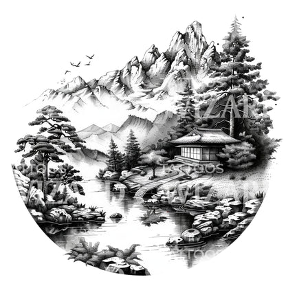 Dotwork Japanese Countryside Landscape Tattoo Design