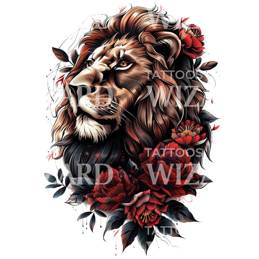 Magnificient Lion Head and Roses Tattoo Design