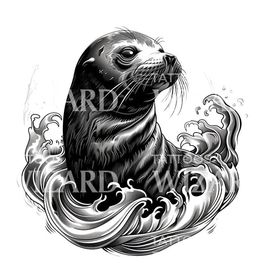 Seal and Waves Portrait Tattoo Design