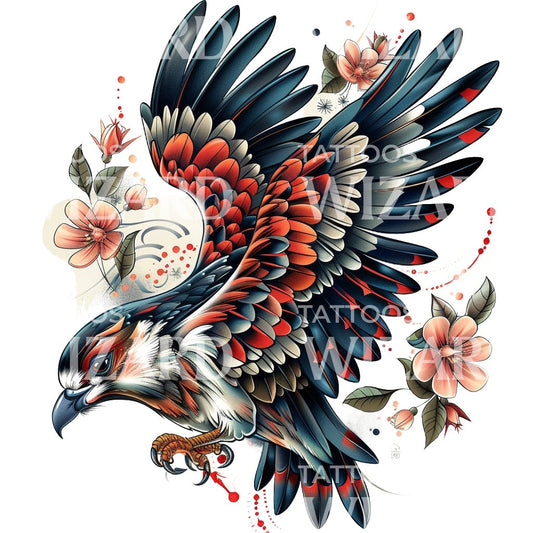 Conception de tatouage de vieille école de faucon volant majestueux