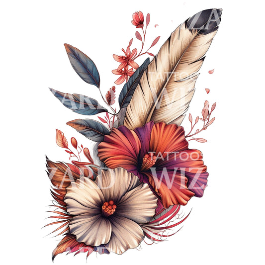 Vintage Tropical Feather and Flowers Tattoo Design