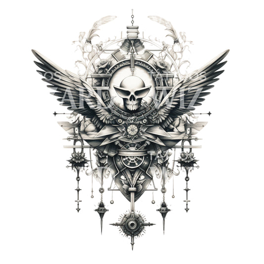 Black and Grey Military Symbol Composition Tattoo Design