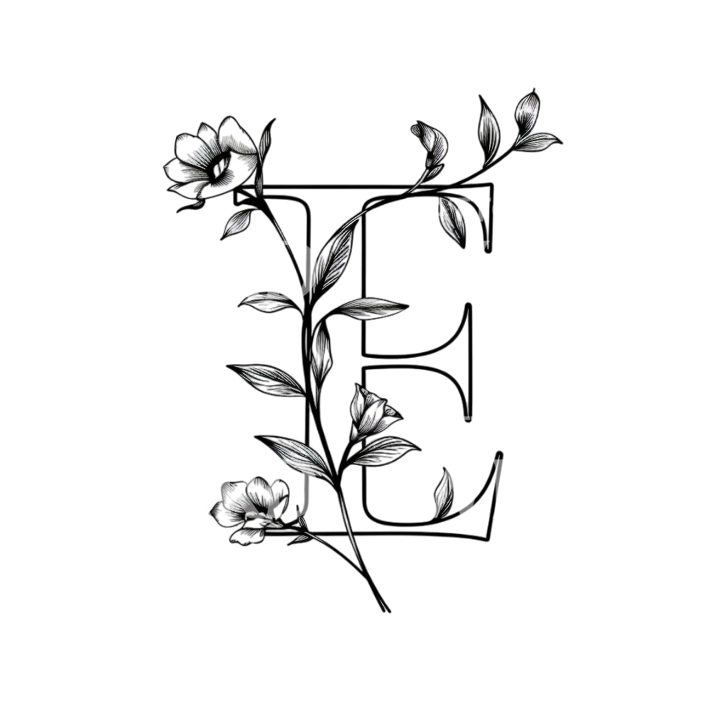 Jolie lettre majuscule E avec conception de tatouage de fleurs