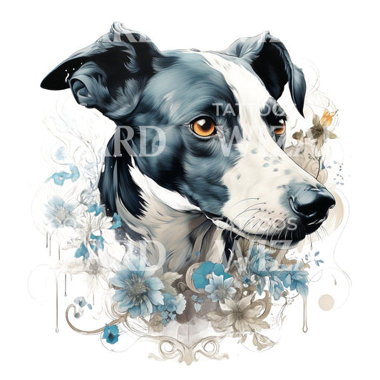 Cute Whippet With Flowers Tattoo Design