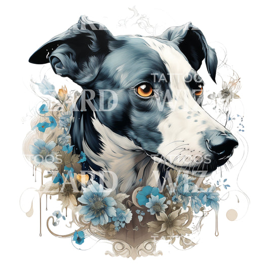 Cute Whippet With Flowers Tattoo Design