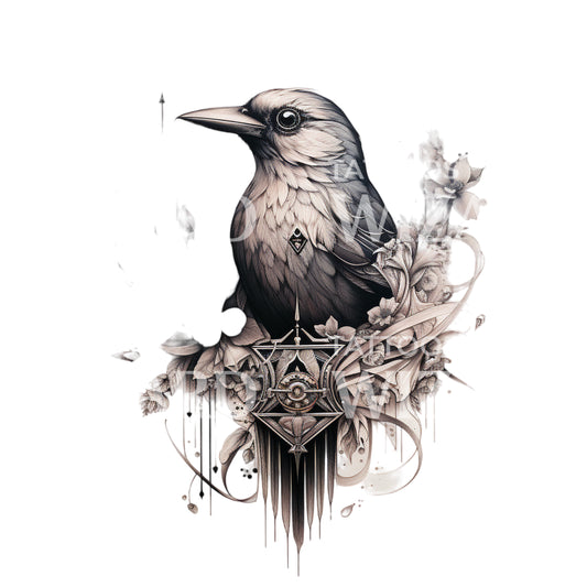Black and Grey Bird and Flowers Tattoo Design