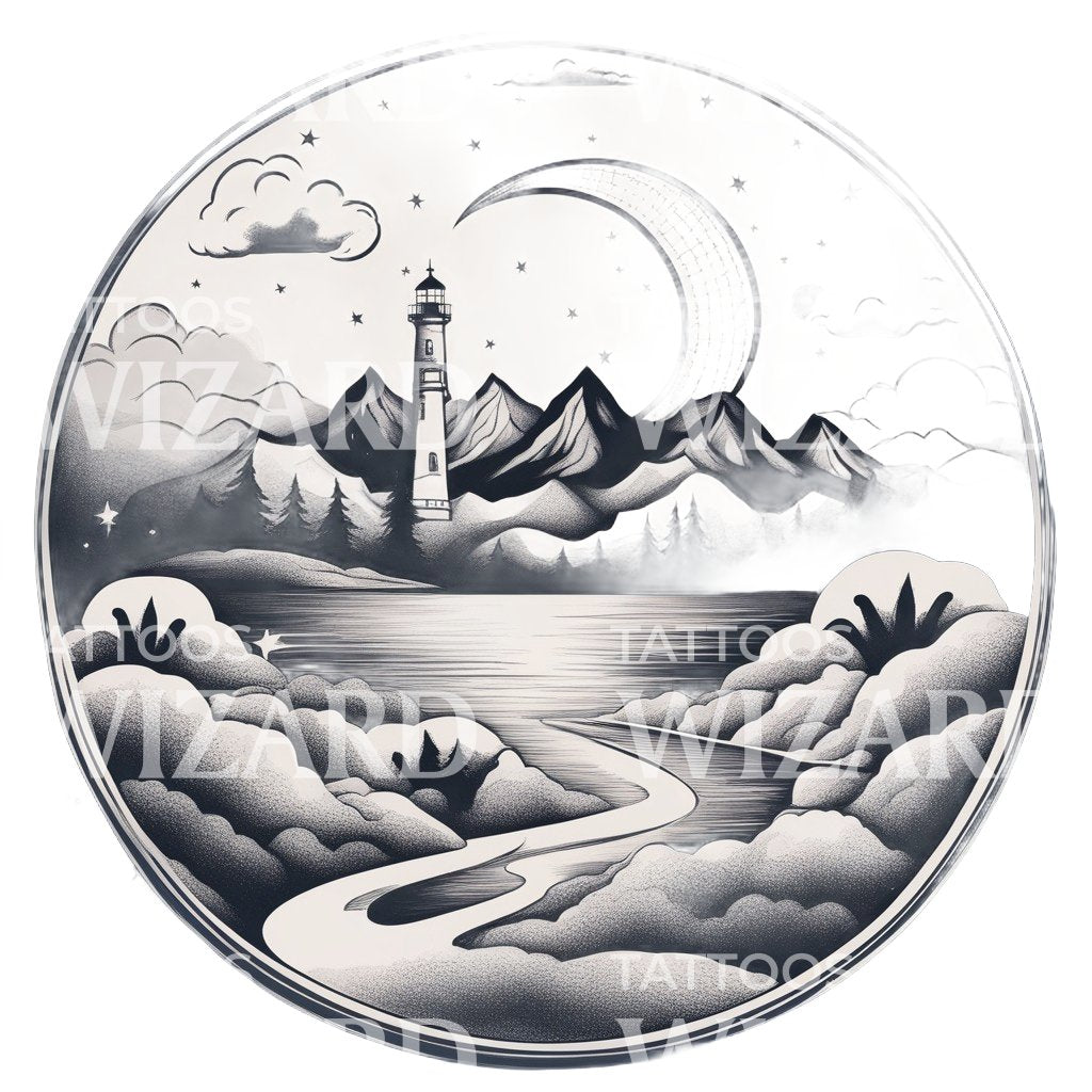 Landscape with a Lighthouse Moon Clouds and Trees Tattoo Design