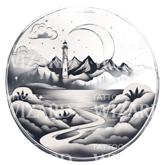 A Landscape with a Lighthouse Moon Clouds and Trees Tattoo Design