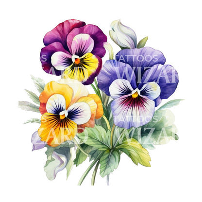 Watercolor Pansies Bouquet Tattoo Design