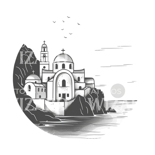 Vue minimaliste de la conception de tatouage de Santorin
