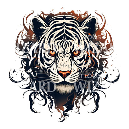 Scary Tiger Head in Flames Tattoo Design