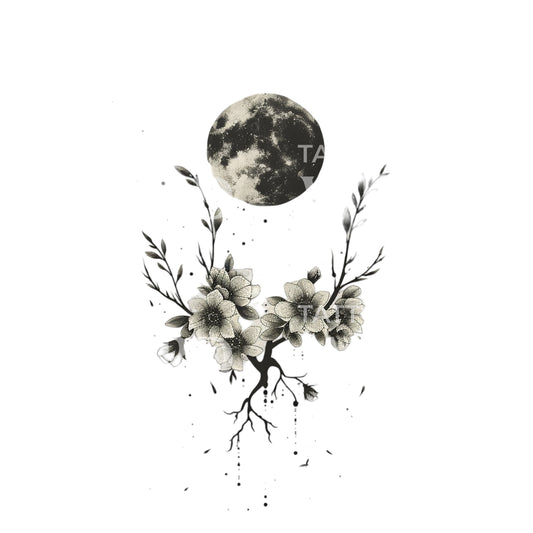 Moon and Cherry Blossoms Dark Academia Tattoo Design