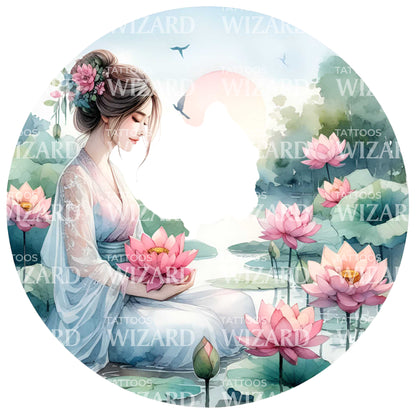 Japanese Beauty With Lotus Tattoo Design