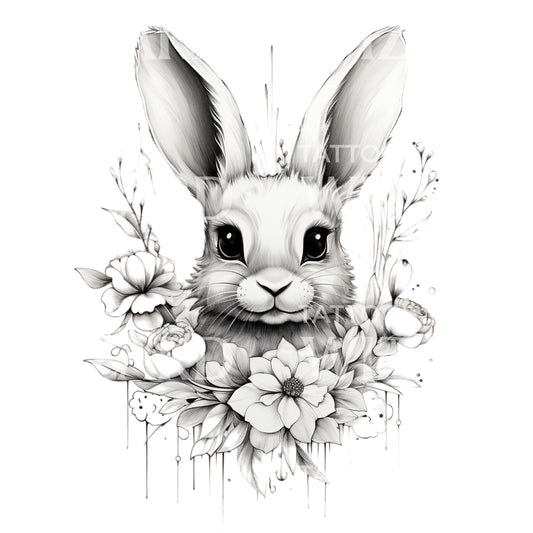 Rabbit and Flowers Tattoo Design