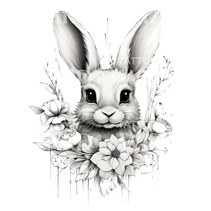 Rabbit and Flowers Tattoo Design