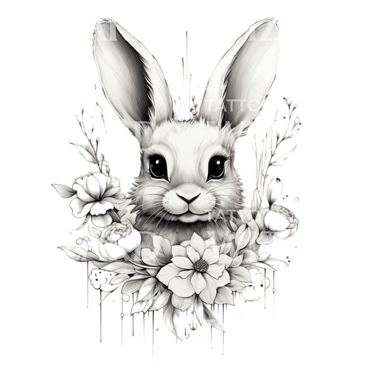 Kaninchen und Blumen Tattoo-Design