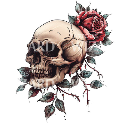 Skull and Roses Flower Tattoo Design