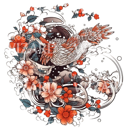 Neotraditional Bird with Flowers Design