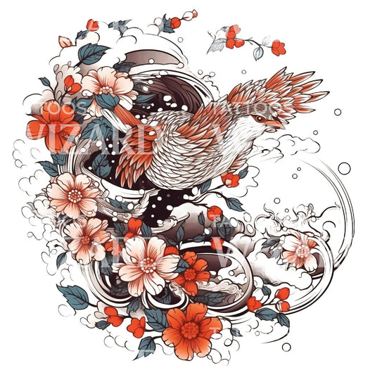 Oiseau néotraditionnel avec motif de fleurs