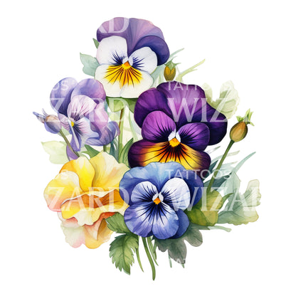 Watercolor Pansies Bouquet Tattoo Design