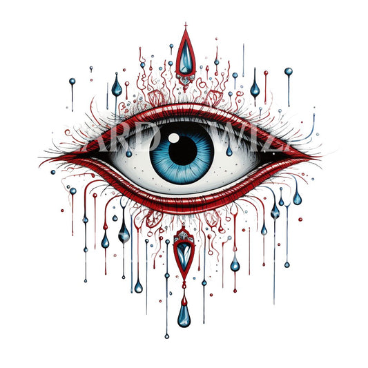 Red Blue Eye and Teardrops Tattoo Design