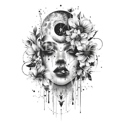 Moon Cycle Woman's Portrait Tattoo Design