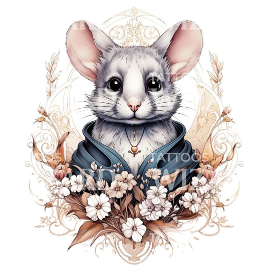 Fancy Dressed Mouse with Flowers Tattoo Design