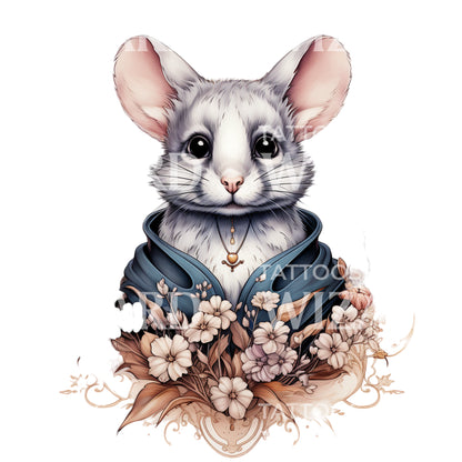 Fancy Dressed Mouse with Flowers Tattoo Design