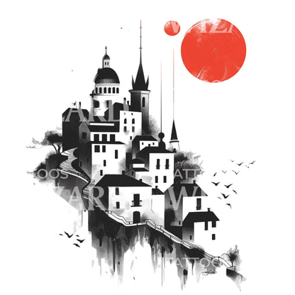 European Village Minimalist Tattoo Design
