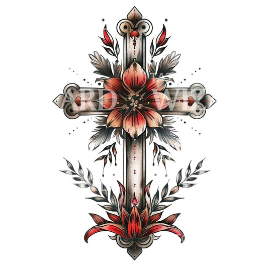 Beautiful Memorial Cross Tattoo Design