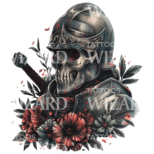 Fallen Warrior Skull and Roses Tattoo Design