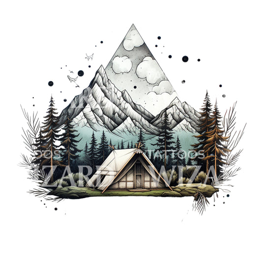 Tente de camping près d'une conception de tatouage de lac de montagne