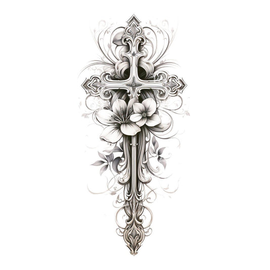Delicate Cross with Flowers Tattoo Design