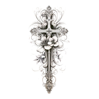 Delicate Cross with Flowers Tattoo Design