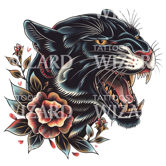 Fierce Panther and Roses Oldschool Tattoo Design