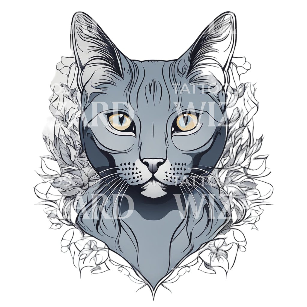 Russisch Blau Katze Kopf mit Blumenmuster Tattoo-Design