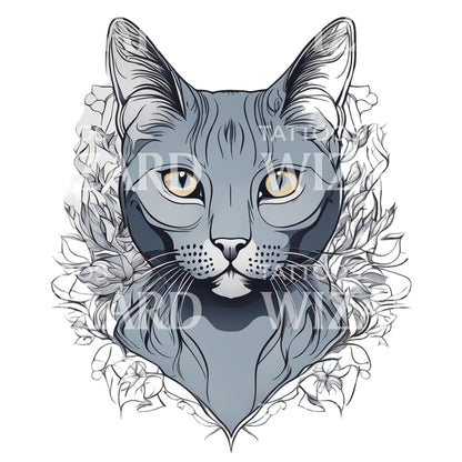 Russian Blue Cat Head with Floral Patterns Tattoo Design