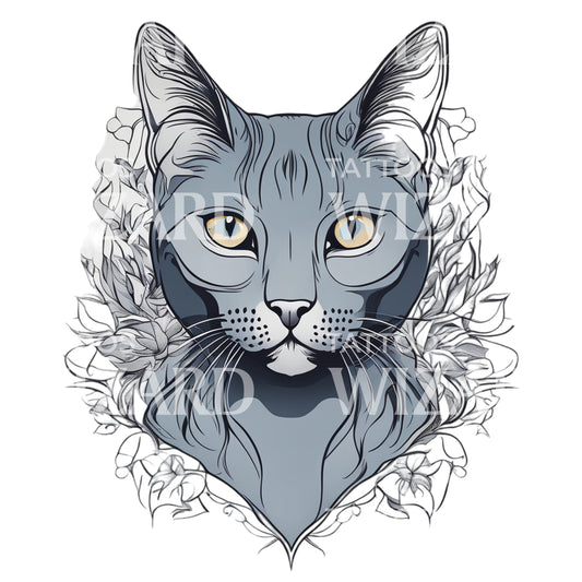 Tête de chat bleu russe avec conception de tatouage de motifs floraux
