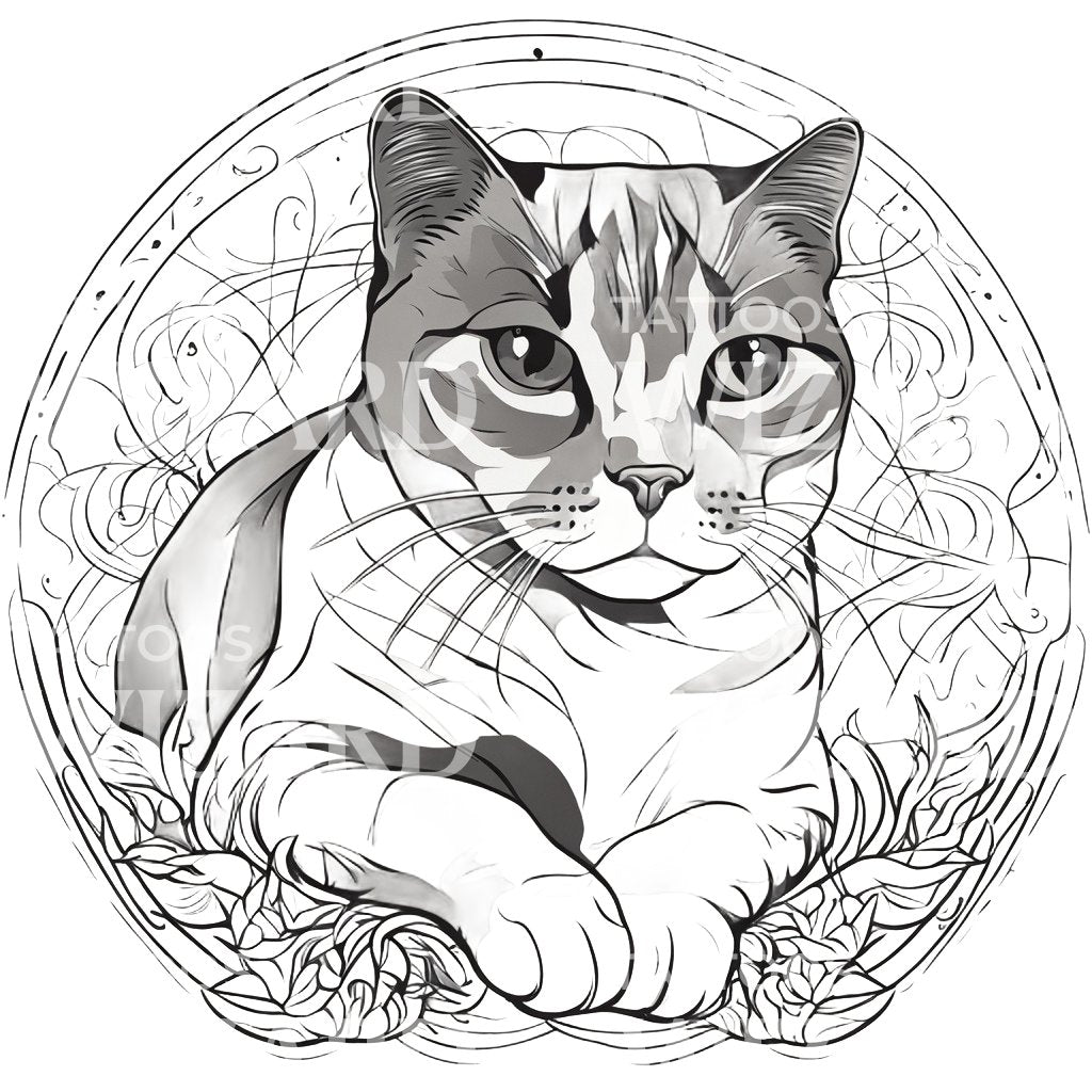 Scottish Fold Cat with Floral Patterns Circle Tattoo Design